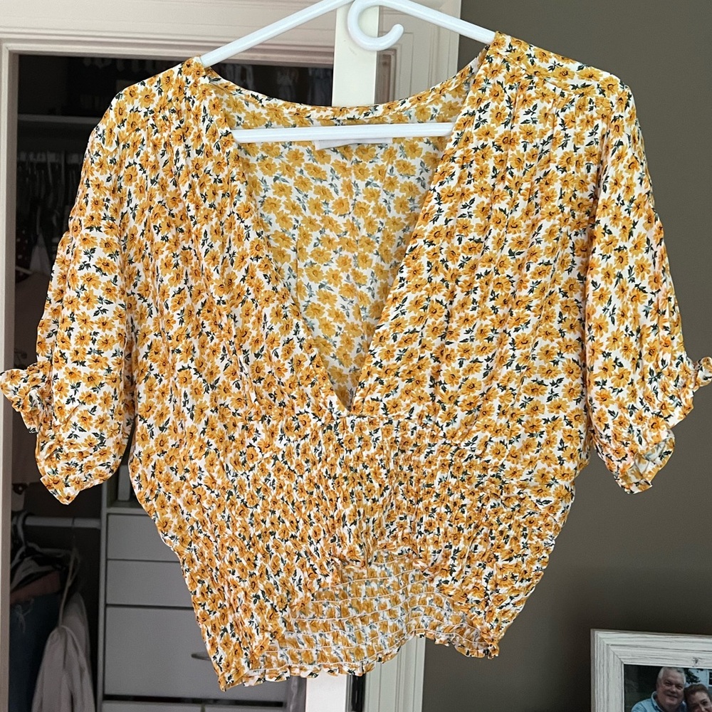Faithfull the brand yellow daisy floral v neck top